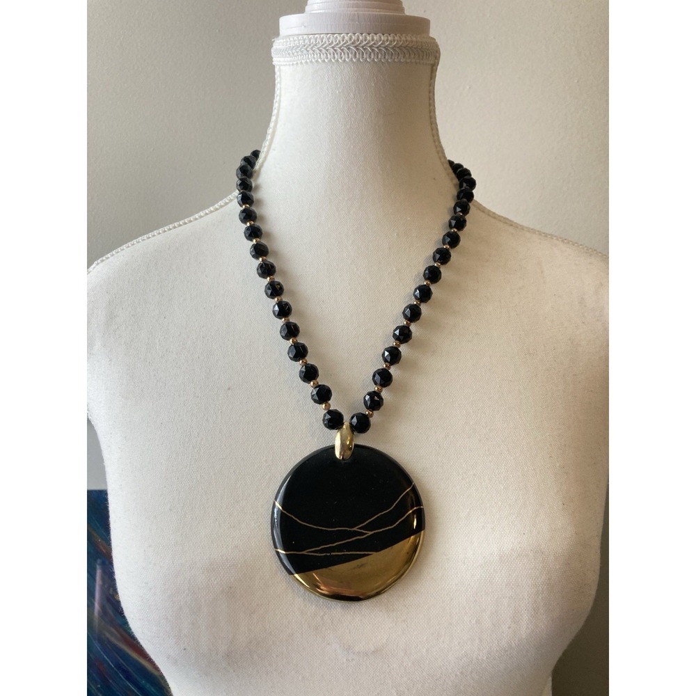 Vintage Pendant Necklace Faceted Beaded Glossy Black Hand Painted Ceramic Disc